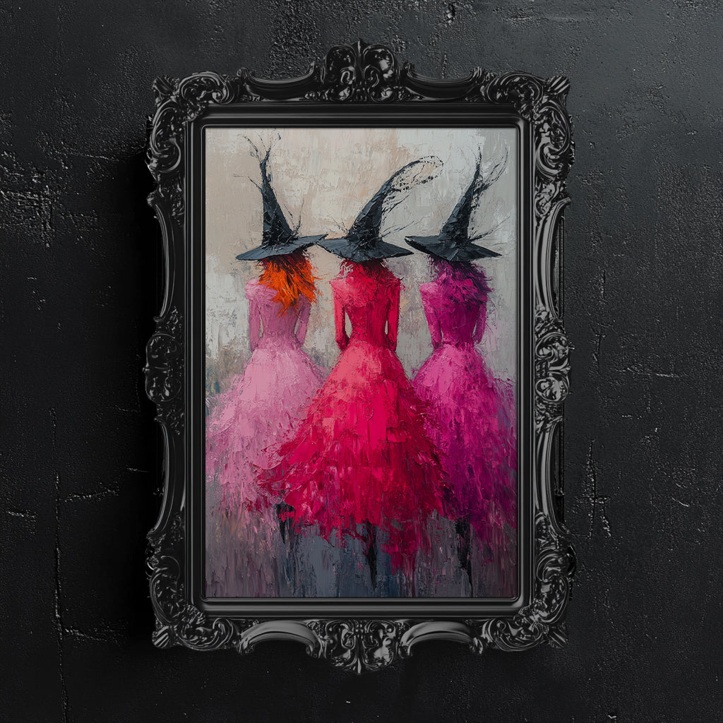 Witches in Pink Impressionist Wall Art Poster – Magical Halloween Decor