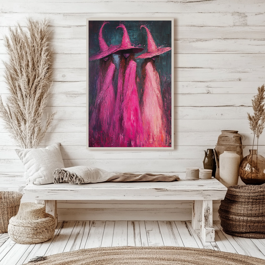 Impressionist Pink Witches Wall Art Poster – Magical Halloween Decor