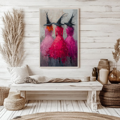 Witches in Pink Impressionist Wall Art Poster – Magical Halloween Decor