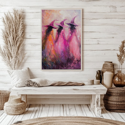 Pink Witches Impressionist Wall Art Poster – Magical Halloween Decor