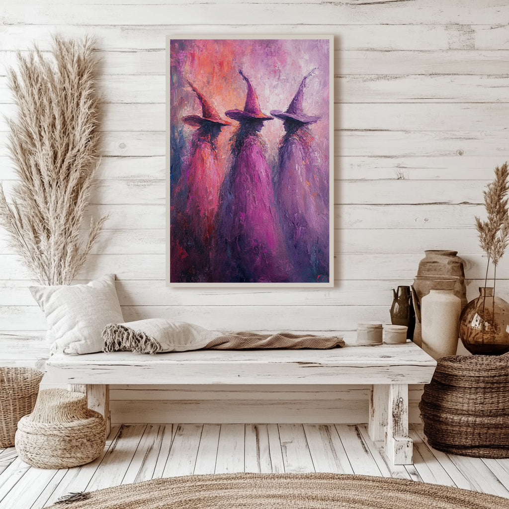 Pink Witches Impressionist Wall Art Poster – Magical Halloween Decor