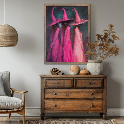 Impressionist Pink Witches Wall Art Poster – Magical Halloween Decor