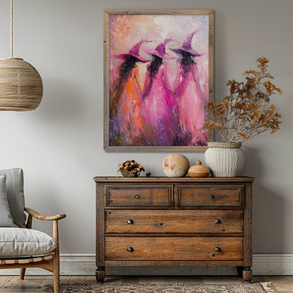 Pink Witches Impressionist Wall Art Poster – Magical Halloween Decor