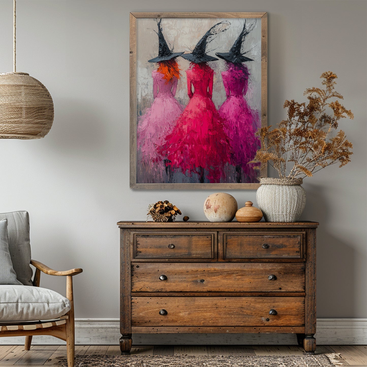 Witches in Pink Impressionist Wall Art Poster – Magical Halloween Decor