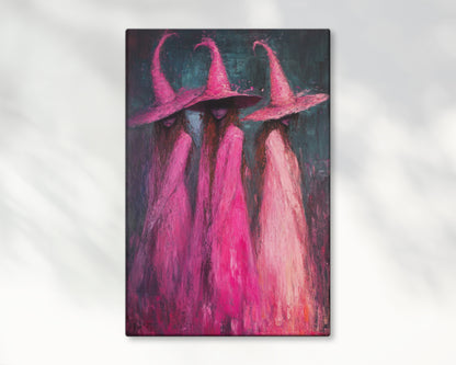 Impressionist Pink Witches Canvas Wall Art – Magical Halloween Decor