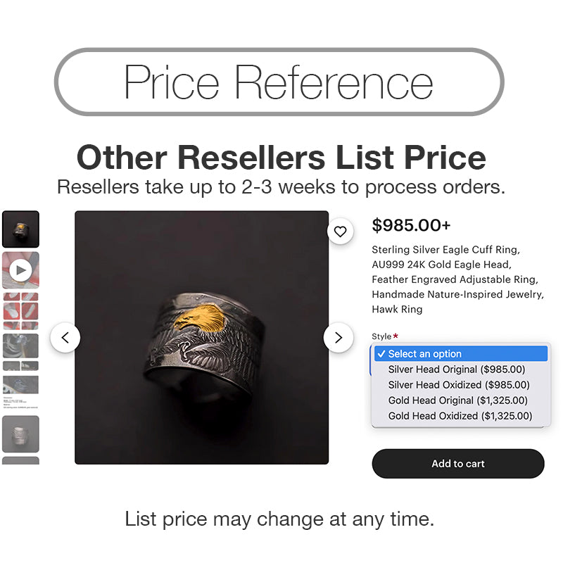 Sterling Silver Eagle Cuff Ring, AU999 24K Gold Eagle Head