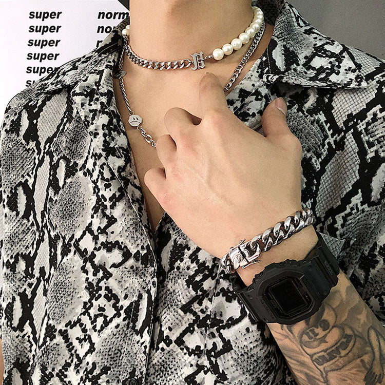 Pearl Cuban Link Chain Choker Stainless Steel Necklace Hip-Hop KPOP TikTok Style