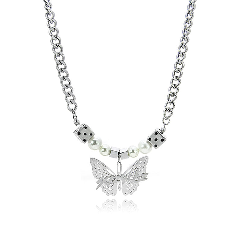 So Vibe Butterfly Pearl and Dice Link Chain Stainless Steel Necklace KPOP TikTok Style