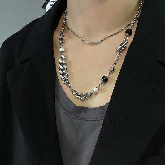Pearl Onyx and CZ Inlay Cuban Link Chain Stainless Steel Necklace KPOP TikTok Style