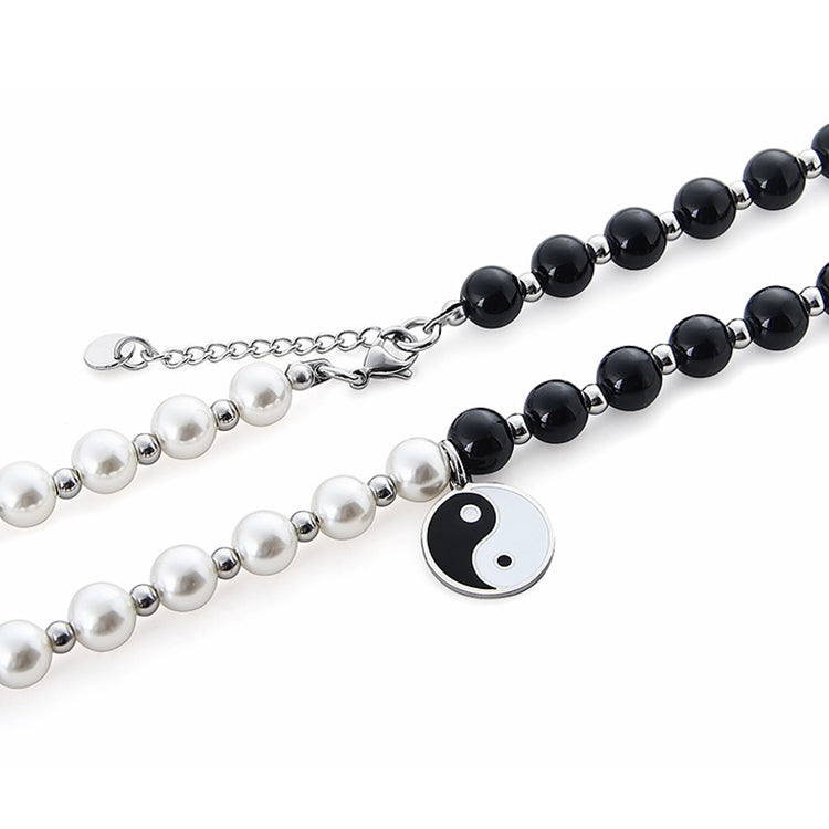 Tai-Chi Yin and Yang Pearl Onyx Beaded Stainless Steel Necklace KPOP TikTok Style
