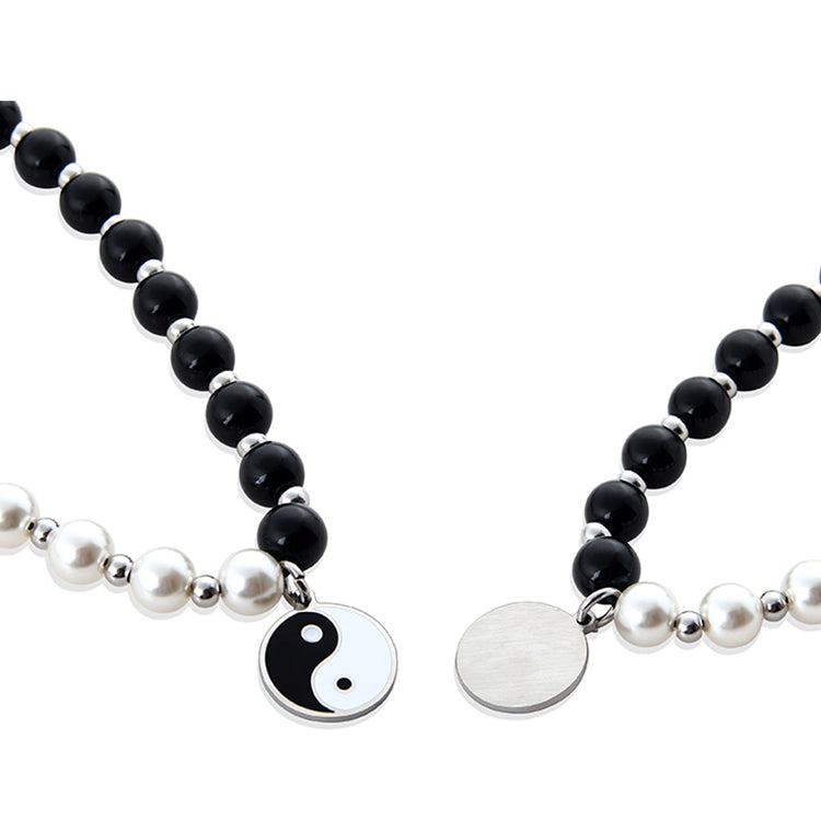 Tai-Chi Yin and Yang Pearl Onyx Beaded Stainless Steel Necklace KPOP TikTok Style