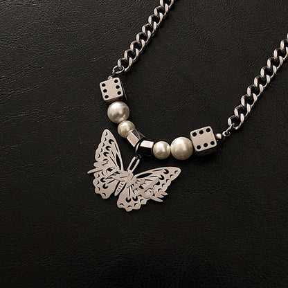 So Vibe Butterfly Pearl and Dice Link Chain Stainless Steel Necklace KPOP TikTok Style