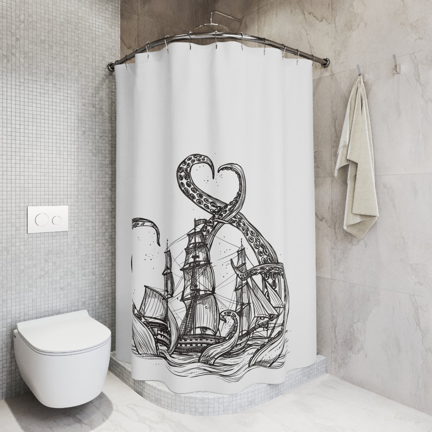 Octopus and Ship Line Art Shower Curtain
