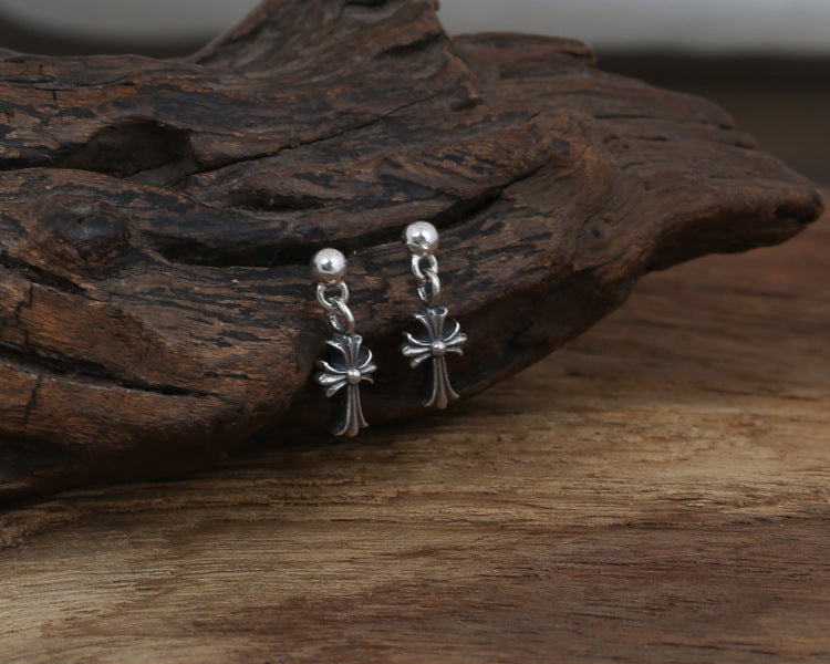 Silver Floral Cross Fleur De Lis Dangle Stud Earring