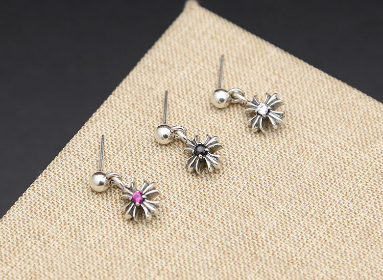 Floral Cross with CZ Stud Dangle Drop Earring