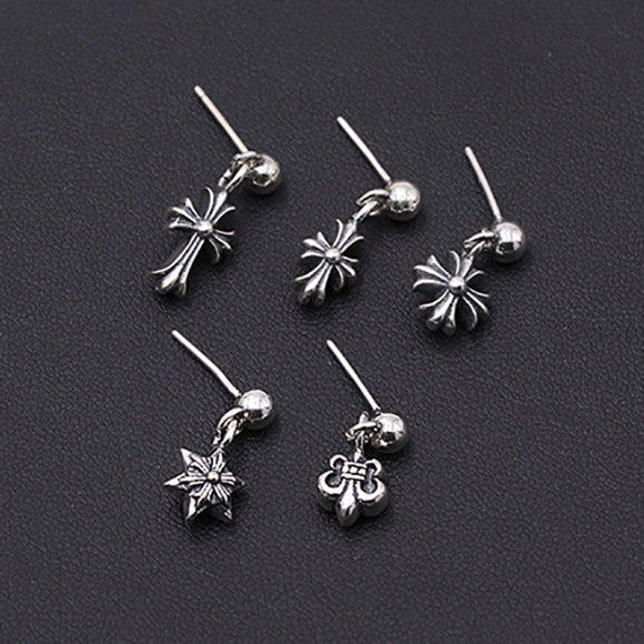 Silver Floral Cross Fleur De Lis Dangle Stud Earring