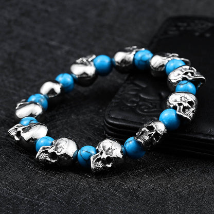 Stainless Steel Skull Charms Turquoise Stones Bracelet