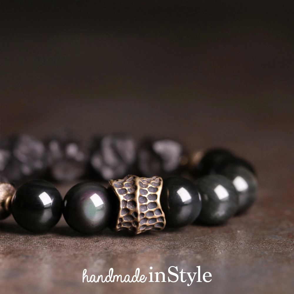 Hammered Ebony Bead with 10mm Natural Obsidian Bracelet, Brass Parts, Gift for Her, Gift for Him, Couples Gift