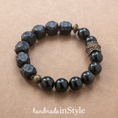 Hammered Ebony Bead with 10mm Natural Obsidian Bracelet, Brass Parts, Gift for Her, Gift for Him, Couples Gift