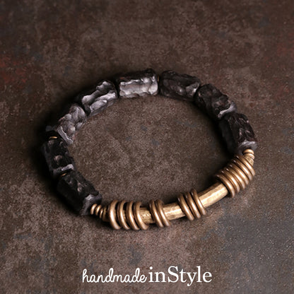 Hammered Ebony Wood Beads Brass Ring Tube Bracelet, Gift for Her, Gift for Him, Couples Gift