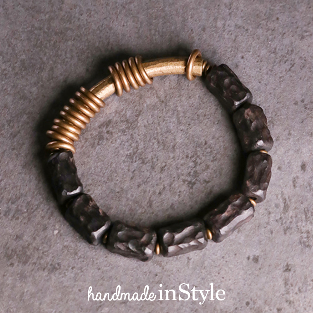 Hammered Ebony Wood Beads Brass Ring Tube Bracelet, Gift for Her, Gift for Him, Couples Gift
