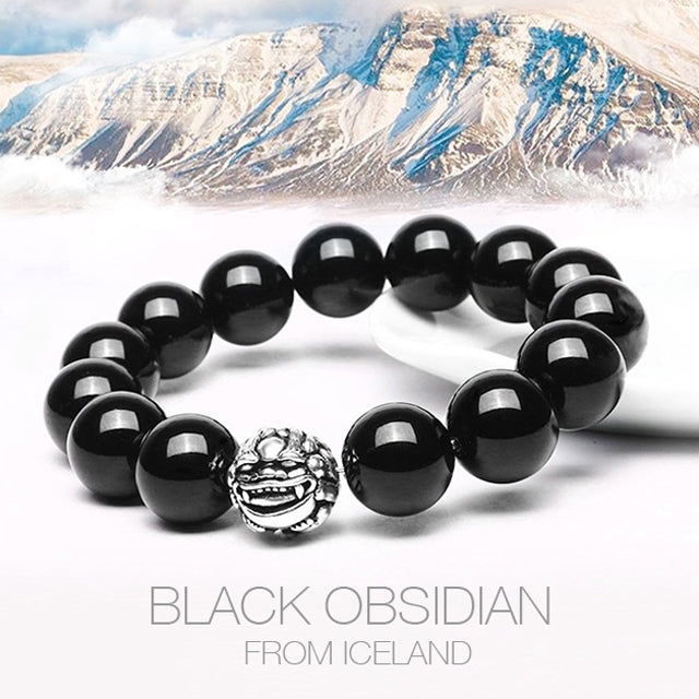 12mm Pure Black Obsidian Healing Gemstones 925 Sterling Silver Charm Bracelet