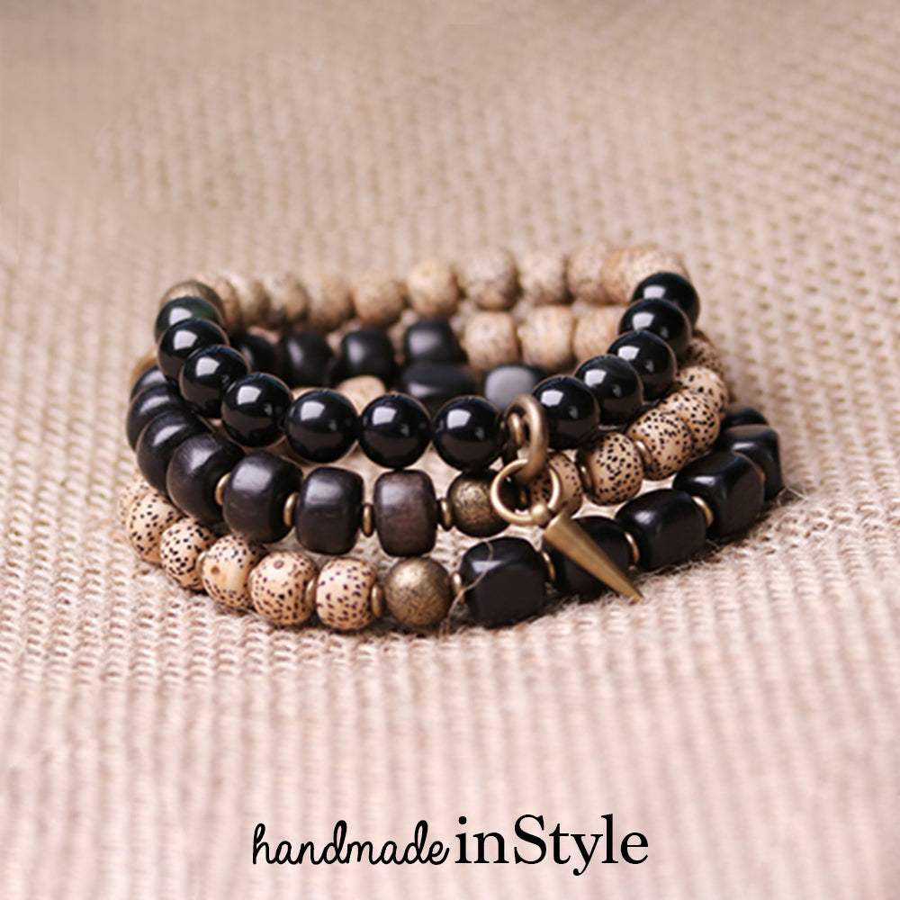 8mm Natural Obsidian X Pipal Tree Seed Bracelet, Brass Parts, Natural Starmoon Bodhi Barrel Beads