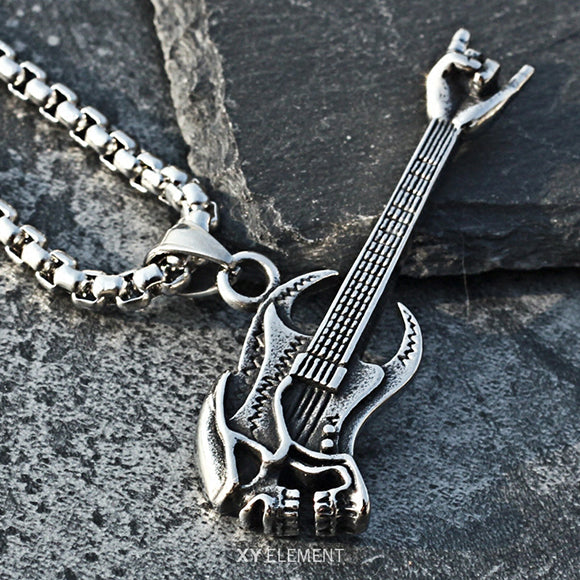 Skull Guitar Rock n' Roll Titanium Steel Pendant Necklace