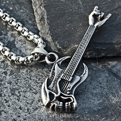 Skull Guitar Rock n' Roll Titanium Steel Pendant Necklace