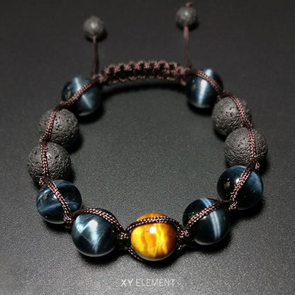 12mm AAA Grade Blue/Yellow Tigers Eye and Lava Stone Macrame Bracelet [2 Variations]