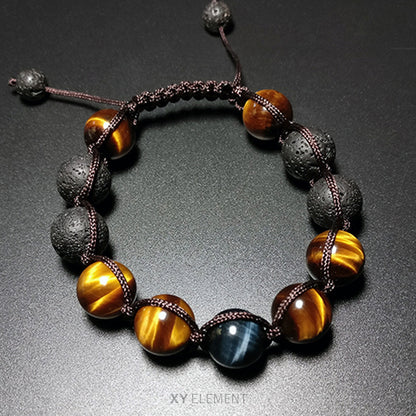 12mm AAA Grade Blue/Yellow Tigers Eye and Lava Stone Macrame Bracelet [2 Variations]