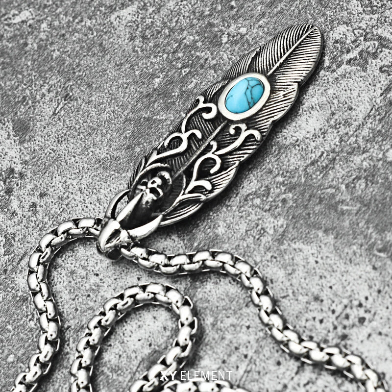 Tribal Skull Feather Turquoise Decal Titanium Steel Pendant Necklace
