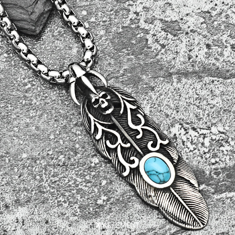 Tribal Skull Feather Turquoise Decal Titanium Steel Pendant Necklace