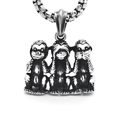 The Three Wise Monkeys Mizaru Kikazaru Iwazaru Titanium Steel Pendant Necklace