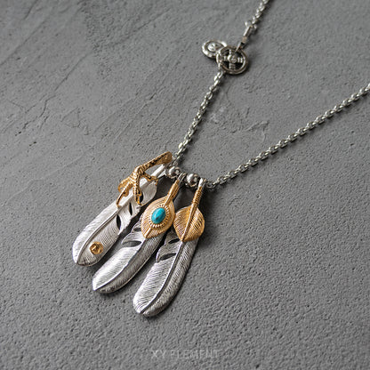 Goro Takahashi Style Stainless Steel Feather Necklace Set