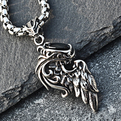 Angel's Wing Black Stone Stainless Steel Pendant Necklace