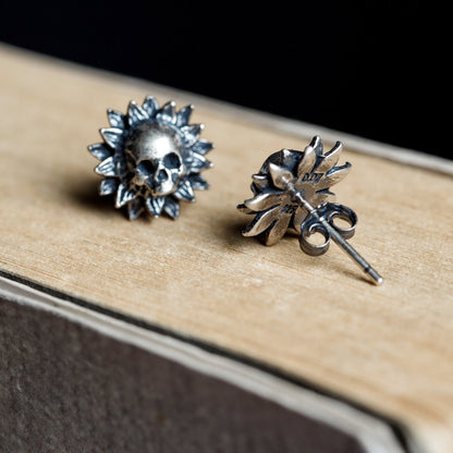 Sunflower Skull Stud Earrings, Sterling Silver Studs, Gothic Punk Earrings
