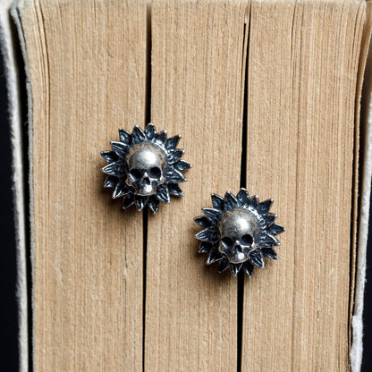 Sunflower Skull Stud Earrings, Sterling Silver Studs, Gothic Punk Earrings