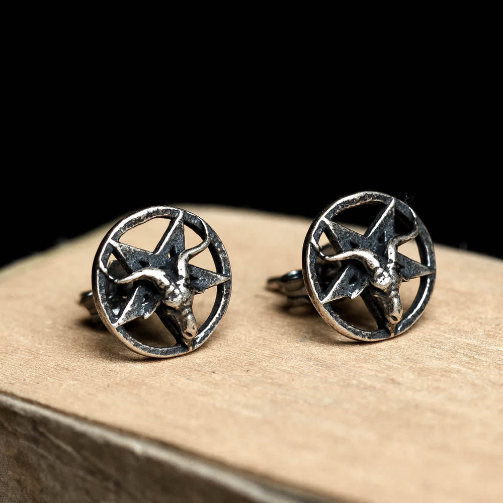 Goat Star Circle Silver Stud Earrings