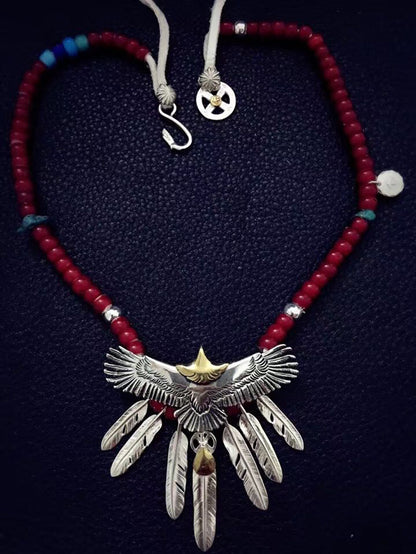 Goro's Style Native American Spread Eagle Feather Sterling Silver Necklace
