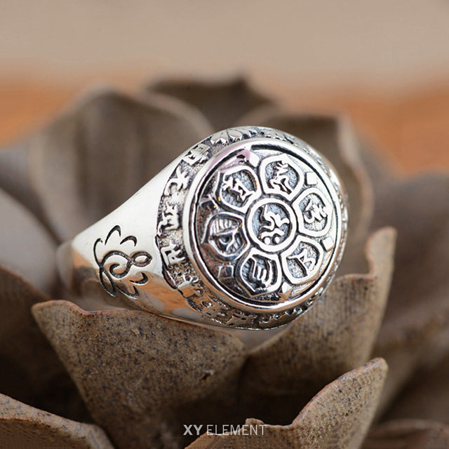 Buddhist Mantra Lotus Ring Solid 925 Sterling Silver