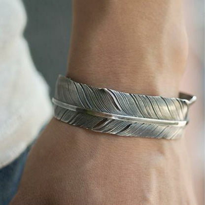 Silver Feather Cuff Bracelet for Men
