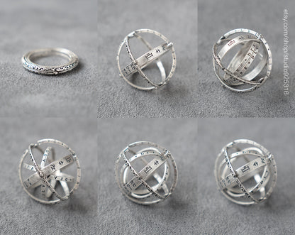 Special Unique Foldable Astronomical Armillary Spheres Ring 925 Sterling Silver