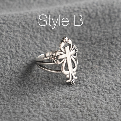 Silver Cross Ring, Cross Floral Ring, Pinky Ring, Gothic Ring, Boho Ring, Religious Jewelry, Religious Gift