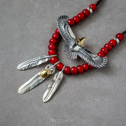Silver Spread Eagle Feather Charms Japanese Glass Beads Deer Leather Necklace