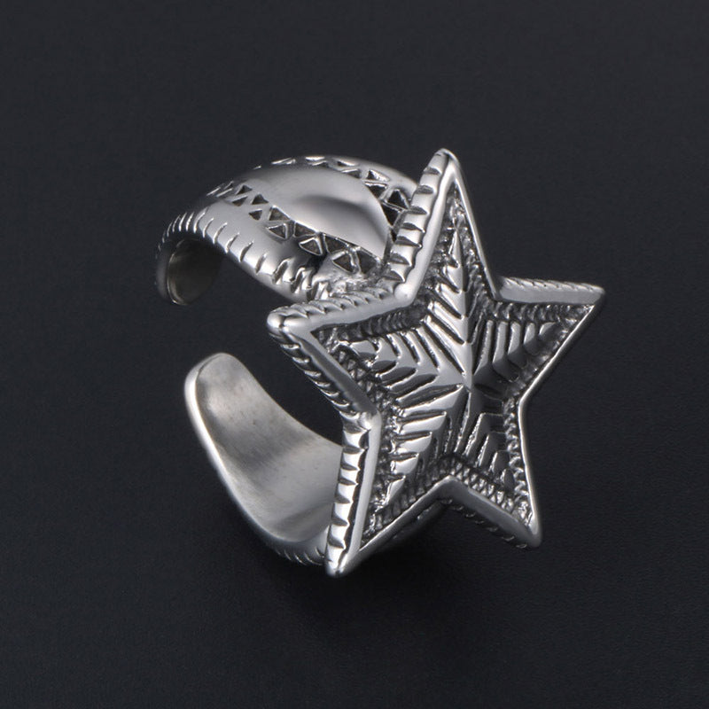 Stainless Steel Depp Star Wide Band Ring