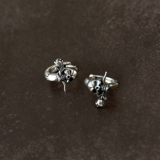 Skull & Rose Steel Huggie Earrings