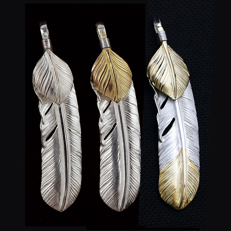 Silver Gold Top Feather Pendant, Japanese Design, Native American Inspired