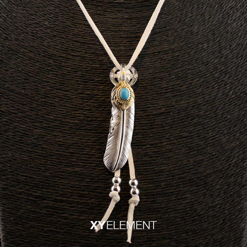 Feather with Natural Turquoise Pendant, Japanese Design, Native American Inspired