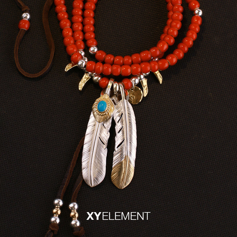 Feather with Natural Turquoise Pendant, Japanese Design, Native American Inspired
